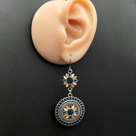 Silver with Blue Pink and Orange Enamel Dangling Boho Flower Drop Hook Earrings - Picture 8 of 9